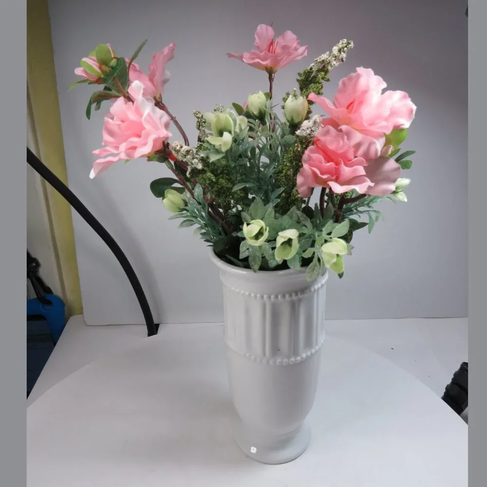 White Ceramic Vase with Pink Silk Faux Flowers Vase BEADED & RIBBED, Faired Base